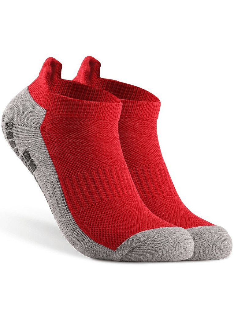 Red and gray stylish breathable non-slip sports socks with silicone soles for football. Unisex design, high-quality cotton material.